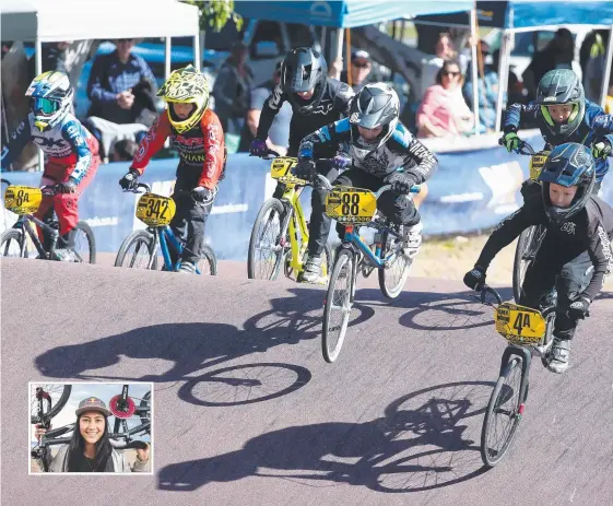  ?? Picture: RICHARD GOSLING ?? Action from the final of the eight-year-old boys competitio­n as Dylan Dauth (far right) pedals to fourth. And (inset) Saya Sakakibara.