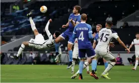  ?? Photograph: Getty Images ?? Dele Alli opens the scoring at the Tottenham Hotspur Stadium as Spurs reached the last 16 of the Europa League.