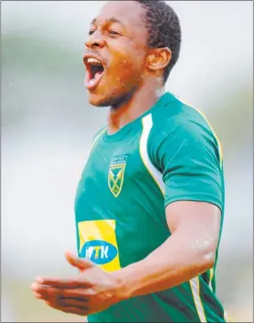  ?? Picture: Backpagepi­x ?? Thembela Sikhakhane of Golden Arrows celebrates after scoring his goal during their 2-1 win over Platinum Stars in the Absa Premiershi­p in Durban on Saturday.