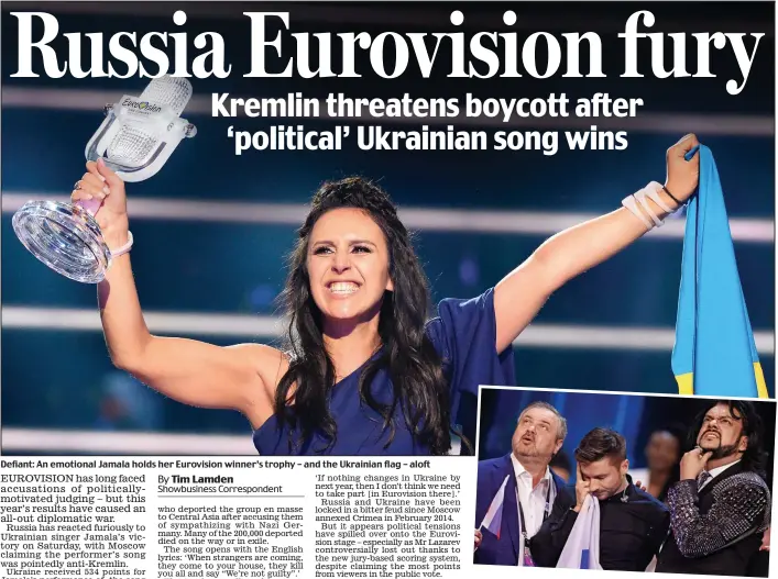  ??  ?? Defiant: An emotional Jamala holds her Eurovision winner’s trophy – and the Ukrainian flag – aloft Distraught: Russia’s Sergey Lazarev was beaten to third