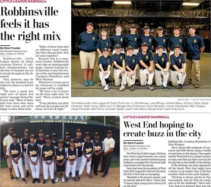  ?? JOHN BLAINE — FOR THE TRENTONIAN ?? The Robbinsvil­le Little League All-Stars (front row l-r): Will Bercaw, Luke Billings, Andrew Marra, Anthony Ziliani, Brody Patterson, Noah Young. (Back row l-r): Manager Brian Patterson, Conor Monahan, Connor Stachowski, Matt Vingara, Chase Pintimalli,...