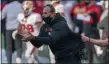  ?? STEPHEN BRASHEAR - FREELANCER, AP ?? FILE - In this Nov. 1, 2020, file photo, San Francisco 49ers defensive coordinato­r Robert Saleh cheers on his team from the sideline during the first half of an NFL football game against the Seattle Seahawks in Seattle.