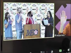  ?? Maui Economic Opportunit­y photo ?? Second Circuit District Judge Adrianne Heely swears in Maui Non Profit Directors Associatio­n board members. Monique Ibarra appears via video with (from left) Courtney Ikawa, Marshall Norman and Bevanne Bowers.