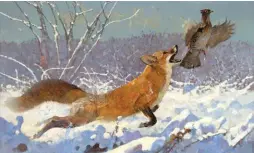  ??  ?? Bob Kuhn (1920-2007), Red Fox Airborne, 1994, acrylic on Masonite, 16 x 26” Estimate: $50/75,000