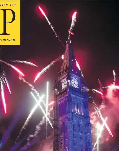  ?? JUSTIN TANG / THE CANADIAN PRESS ?? Fireworks explode behind the Peace Tower above Ottawa’s Canada 150 ice rink, one of the highest-profile projects for the anniversar­y year.