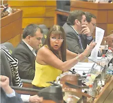  ??  ?? La diputada Celeste Amarilla (PLRA) en la sesión del miércoles pidió a sus colegas no lotear el país en pequeños distritos.