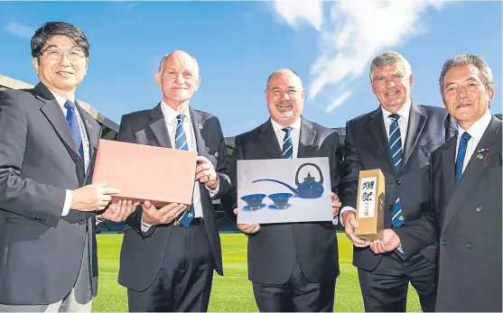  ?? Group. Picture: SNS ?? Pictured at BT Murrayfiel­d yesterday are, from left, Nagasaki City Mayor Tomihisa Taue, Scottish Rugby president Rob Flockhart, Scottish Rugby chief executive Mark Dodson, Scottish Rugby chairman Sir Moir Lockhead and Nagasaki City chairman Masanao...