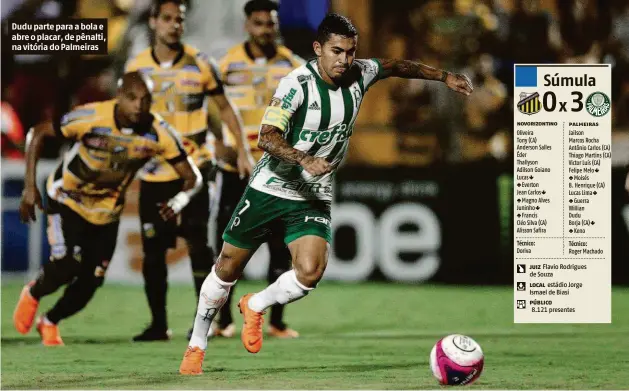  ?? Thiago Calil/agif ?? Dudu parte para a bola e abre o placar, de pênalti, na vitória do Palmeiras Flavio Rodrigues de Souza estádio Jorge Ismael de Biasi 8.121 presentes