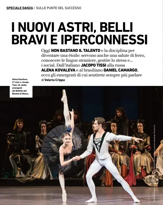  ??  ?? Alena Kovaleva, 21 anni, e Jacopo Tissi, 23, stelle emergenti del Balletto del Bolshoi di Mosca.