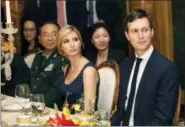  ?? ALEX BRANDON — THE ASSOCIATED PRESS FILE ?? In this file photo Ivanka Trump, second from right, the daughter and assistant to President Donald Trump, is seated with her husband White House senior adviser Jared Kushner, right, during a dinner with President Donald Trump and Chinese President Xi Jinping, at Mar-a-Lago, Thursday in Palm Beach, Fla. Trump has ripped up the playbook on avoiding conflicts of interest, and ethics experts are outraged. They don’t like the free publicity he’s generated for his Mar-a-Lago club by hosting heads of state there or that he’s moved ahead with resorts projects abroad overseen by government­s with business before the U.S.