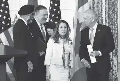  ?? MANUEL BALCE CENETA / THE ASSOCIATED PRESS ?? From left, Defence Minister Harjit Sajjan, U.S. Secretary of State Mike Pompeo, Foreign Affairs Minister Chrystia Freeland and U.S. Defence Secretary Jim Mattis meet Friday in Washington.