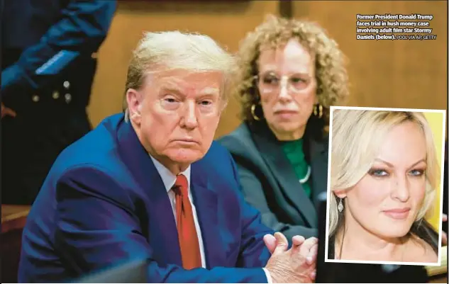  ?? POOL VIA AP; GETTY ?? Former President Donald Trump faces trial in hush money case involving adult film star Stormy Daniels (below).