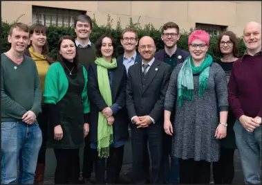  ??  ?? Young Green candidates including Kim Long, third right and Allan Faulds, fourth right, with leader Patrick Harvie