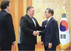  ?? — Reuters ?? US Secretary of State Mike Pompeo attends a bilateral meeting with South Korea’s President Moon Jae-in at the presidenti­al Blue House in Seoul on Thursday.