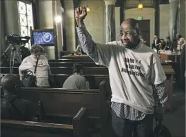  ?? Robert Gauthier Los Angeles Times ?? A MAN who gave his name as Eddie H leads a chant of “House keys, not handcuffs!” after a hearing on homelessne­ss held by the L.A. Police Commission.