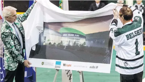  ?? GORD WALDNER/FILES ?? Distinguis­hed alumnus Merlis Belsher and University of Saskatchew­an president Peter Stoicheff unveiled the rendering of a new facility in 2016 after it was announced Belsher would donate $12.25 million to the school. The multi-use facility is set to...