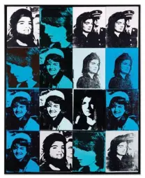  ?? ?? Clockwise from left: Andy Warhol, Sixteen Jackies, 1964, acrylic and silkscreen ink on canvas, in 16 parts; Pablo Picasso, Figure (Projet pour un monument à Guillaume Apollinair­e), conceived in 1928, this version enlarged and executed in 1962, welded steel; Willem De Kooning, Untitled XXXIII, 1977, oil on canvas.