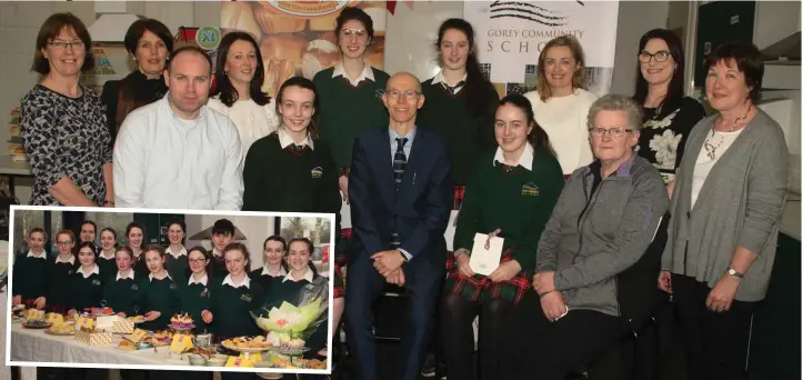  ??  ?? At the Bake-off final at Gorey Community School, front row: judge Richard Donohoe (Staffords Bakeries), 1st prize junior section, Beth O’Hara; school principal, Michael Finn; runner-up junior section, Mia Kinsella; judge, Brigid Kirwan (XL Gorey)....