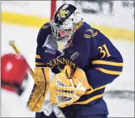  ?? Adrian Kraus / Associated Press ?? Quinnipiac goalie Keith Petruzzell­i was named one of 10 finalists for the Hobey Baker Award on Wednesday.