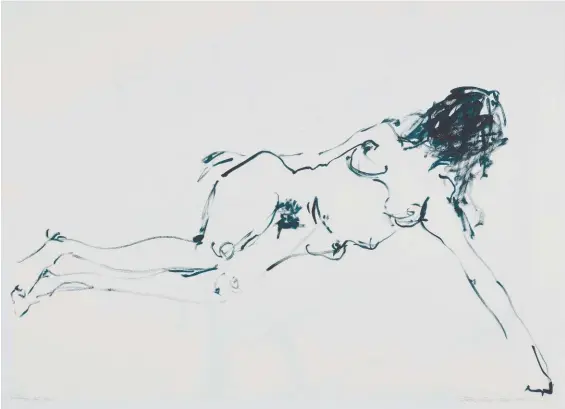  ??  ?? Ci- dessous : Thinking of You ( 2012) de Tracey Emin. Gouache sur papier, 101,5 x 137 cm.À gauche : Nu féminin deboutavec tissu bleu ( 1914) d’Egon Schiele. Gouache, aquarelle et mine de plomb sur papier vélin, 48,3 × 32,2 cm.