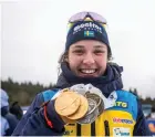  ?? BILD: MATHIAS BERGELD ?? Hanna Öberg med sin medaljskör­d från VM i Oberhof: två guld, ett silver och ett brons. Totalt tog Sverige elva Vm-medaljer.