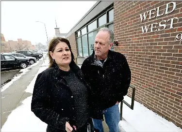  ?? JENNY SPARKS — LOVELAND REPORTER-HERALD ?? Shannon Steward, left, and John Steward, son and daughter-in-law of Karen Garner, talk Wednesday, Feb. 15, 2023, outside of the Weld County Criminal Justice Services building in Greeley. Three members of the Weld County Community Correction­s board voted unanimousl­y to deny transferri­ng former Loveland Police Officer Austin Hopp to a halfway house in Weld County.