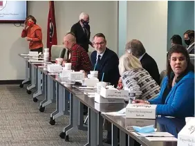  ?? STAFF PHOTO BY ANDY SHER ?? State Sen. Bo Watson, R-Hixson, fourth from left, speaks with colleagues in the 2020 GOP Caucus meeting in Nashville.