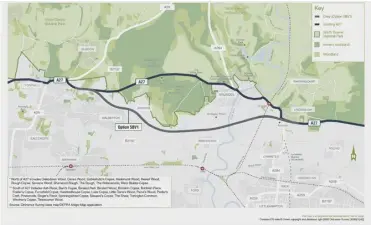  ?? PICTURE: HIGHWAYS ENGLAND ?? The grey route, as set out above by Highways England, sweeps south of the South Downs National Park and includes a new dual carriagewa­y between Crossbush in the east and a new junction near Tye Lane in the west