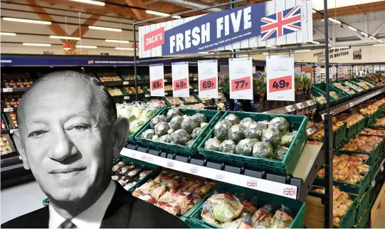  ??  ?? Grocery king: Tesco founder Jack Cohen, and the fruit and veg aisle of the store that now bears his name in Cambridges­hire