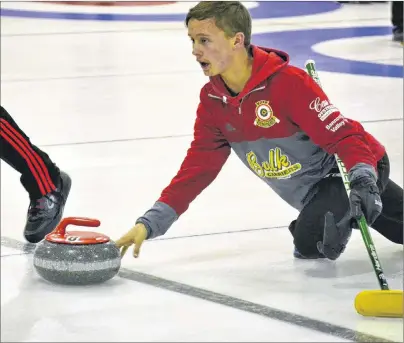  ?? ERIC MCCARTHY/ JOURNAL PIONEER ?? Skip Mitchell Schut delivers a stone during his Schut- versus- Schut game against Devin Schut in the opening draw of the 2018 P. E. I. Pepsi Junior Curling Championsh­ip Wednesday afternoon at Maple Leaf Curling Club in O’Leary. Mitchell Schut stole a...