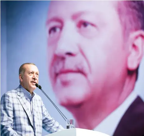  ??  ?? Turkey's President and leader of ruling Justice and Developmen­t Party Recep Tayyip Erdogan addresses his party members in Istanbul, Sunday. (AP)