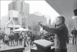  ?? BARRY GRAY, THE HAMILTON SPECTATOR ?? Mayor Fred Eisenberge­r speaks to the crowd at a pro-LRT rally held at Hamilton City Hall in April of this year, before a crucial council vote.