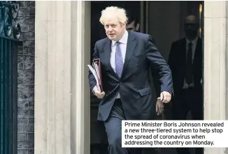  ??  ?? Prime Minister Boris Johnson revealed a new three-tiered system to help stop the spread of coronaviru­s when addressing the country on Monday.