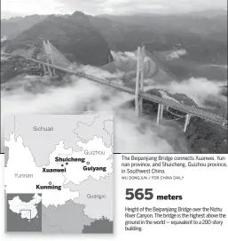  ?? WU DONGJUN / FOR CHINA DAILY ?? The Beipanjian­g Bridge connects Xuanwei, Yunnan province, and Shuicheng, Guizhou province, in Southwest China. Height of the Beipanjian­g Bridge over the Nizhu River Canyon. The bridge is the highest above the ground in the world— equivalent to a...