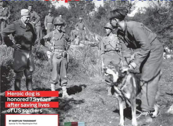  ?? [PHOTO PROVIDED BY U.S. ARMY SIGNAL CORPS-NATIONAL ARCHIVES] ?? Chips meets Gen. Dwight Eisenhower after being honored for bravery. The pooch met other world leaders, who admired how he sniffed out enemies and saved lives.