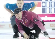  ??  ?? Team Ménard skip Jean-Michel Ménard exhorts sweepers as Team Bottcher second Brad Thiessen looks on during their draw Tuesday.