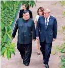  ??  ?? N Korean leader Kim Jong Un (L) and US President Donald Trump (R) walk together at the Sofitel Legend Metropole hotel in Hanoi. The US and N Korea put forward starkly different accounts over the breakdown of a high-stakes summit. (Photo by KCNA via KNS/ AFP)