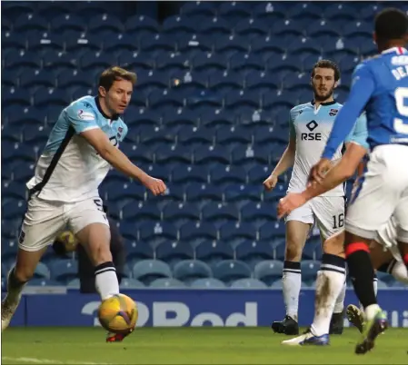  ??  ?? Ryan Jack scores after being on the pitch for just five minutes, while left, Ryan Kent celebrates Rangers’ first goal