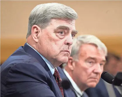  ?? JACK GRUBER/USA TODAY ?? Former Chairman of the Joint Chiefs of Staff Gen. Mark Milley, left, and former U.S. Central Command head Gen. Kenneth McKenzie said Tuesday the withdrawal from Afghanista­n was a disaster due to the timing of the State Department.