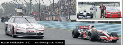  ??  ?? Stewart and Hamilton in 2011, inset: Montoya and Gordon