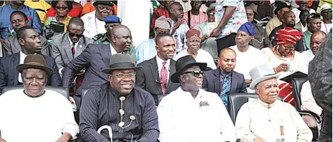  ??  ?? National Leader, Pan Niger Delta Forum (PANDEF) Chief Edwin Clark, Governor of Bayelsa State, Hon. Seriake Dickson, Peoples Democratic Party National Vice Chairman, South- South, Chief. Emmanuel Ogidi and Chairman of the occasion of the Pan Niger Delta Forum, South-south Mega Rally, Chief Albert Horsfall, during the rally at the Grand Pavilion and Boat Club. Swali, Yenagoa. PHOTO: LUCKY FRANCIS.