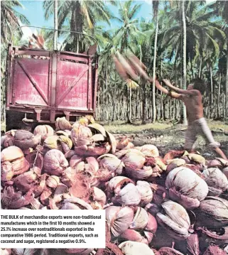  ??  ?? THE BULK of merchandis­e exports were non-traditiona­l manufactur­es which in the first 10 months showed a 25.1% increase over nontraditi­onals exported in the comparativ­e 1986 period. Traditiona­l exports, such as coconut and sugar, registered a negative...
