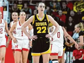  ?? Steven Branscombe/Getty Images ?? Iowa’s Caitlin Clark looks to the bench after a play against Nebraska on Sunday.