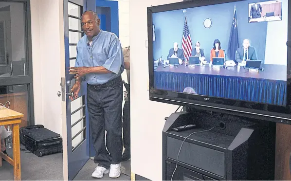  ??  ?? FREEDOM IN SIGHT: OJ Simpson at a parole hearing on Thursday. Simpson is serving nine to 33 years for kidnapping and robbery, 13 years after being found not guilty of the murder of his ex-wife and her friend.