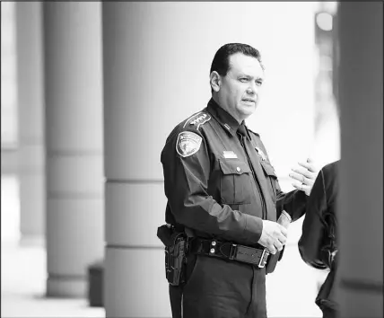  ?? MICHAEL STRAVATO / THE NEW YORK TIMES ?? Harris County Sheriff Ed Gonzalez talks outside a federal courthouse in Houston in this 2017 file photo. Gonzalez, President Joe Biden’s pick to run Immigratio­n and Customs Enforcemen­t, and Chris Magnus, Tucson’s police chief, would be responsibl­e for delivering on Biden’s promise to return compassion to the immigratio­n system if they are confirmed by the Senate.