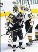  ?? Chase Stevens ?? Las Vegas Review-journal Golden Knights goaltender Marcandre Fleury (29) is congratula­ted by defenseman Deryk Engelland (5) after completing a series sweep of the Kings.