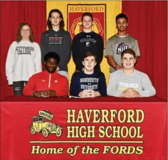  ??  ?? Seven Haverford High School athletes signed their National Letters of Intent to continue their carers at the collegiate level. Pictured in back are: Nora Janzer, lacrosse, Gettysburg College; Alex McKendry, lacrosse, Albright College; Cole Lukasiewic­z,...