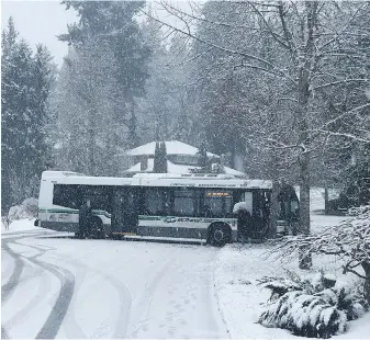  ??  ?? A B.C. Transit bus is damaged after striking a tree on Emily Carr Drive in Saanich.