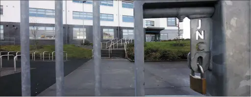  ??  ?? The scene at Summerhill College, Sligo on Monday morning as its gates remained closed after the mid- term break.