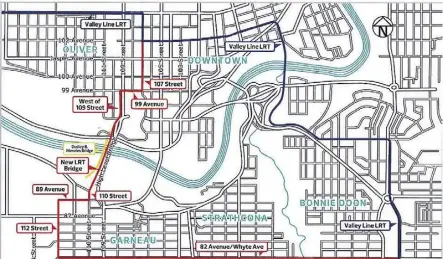  ??  ?? The proposed route for the Whyte Avenue/Central LRT. The proposal is heading to a series of open houses for public comment starting on Feb. 15.